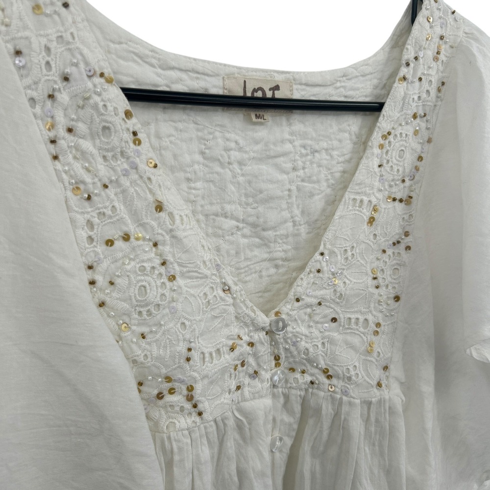 Boho Embroidered Beaded Cotton Blouse M/L Ivory‎ Flutter Sleeve Cottage Romantic - Picture 2 of 9